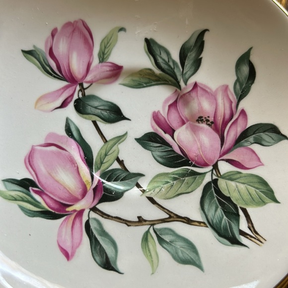 VTG 3 Pink Flower Magnolias Homer Laughlin Rhythm Saucers Gold trimmed dish - Picture 6 of 10